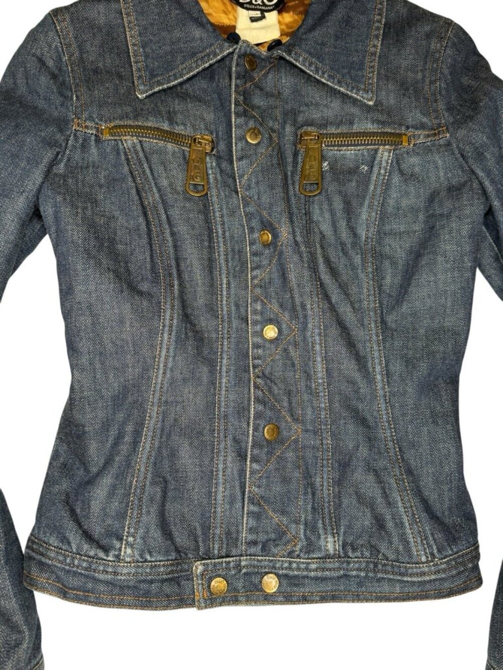 D&G Dolce & Gabbana XS Vintage Y2K Denim Jacket Tiger Stripe Lining Zip Pockets - Picture 3 of 11